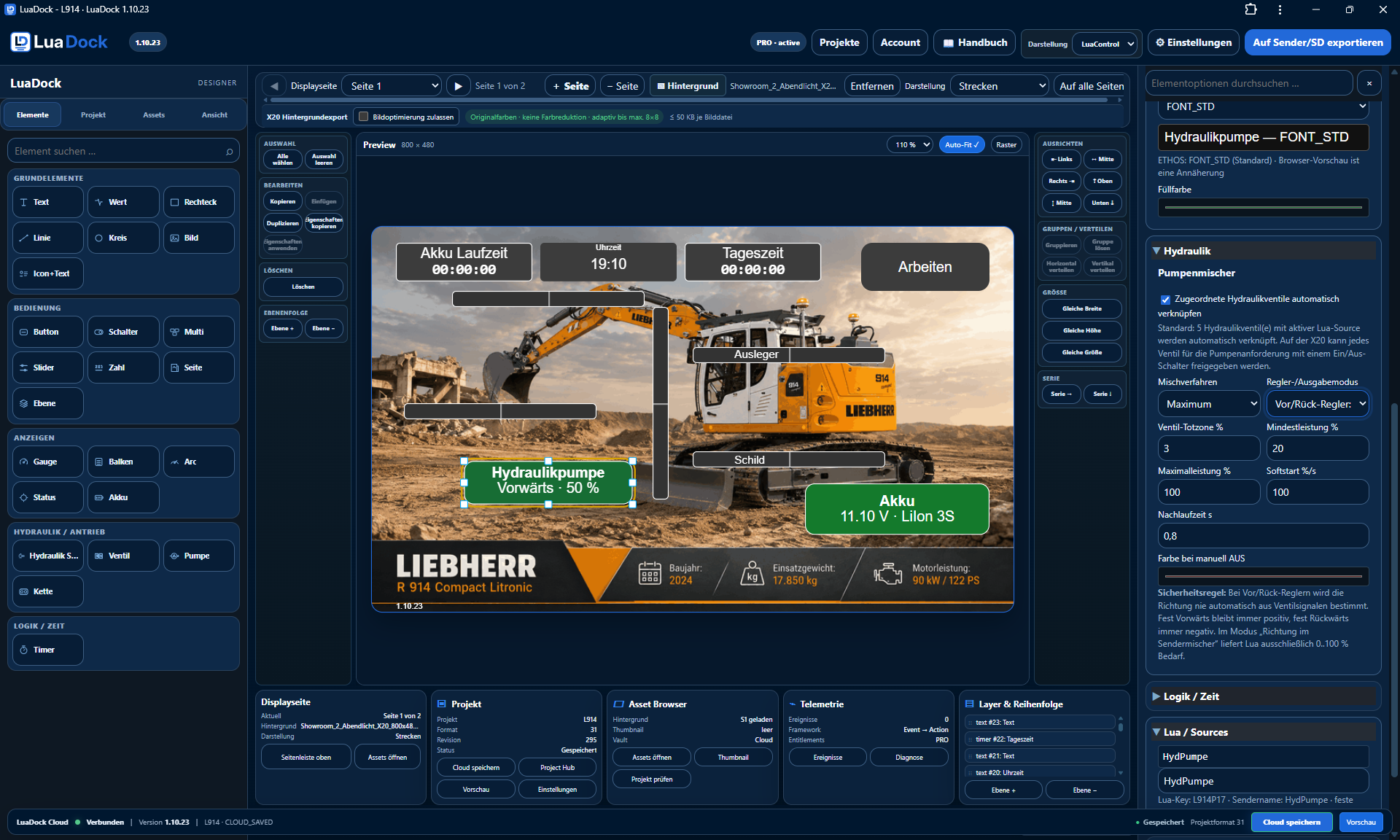 Echter LuaDock Designer-Screenshot der Hydraulikpumpen-Konfiguration im L914 Projekt