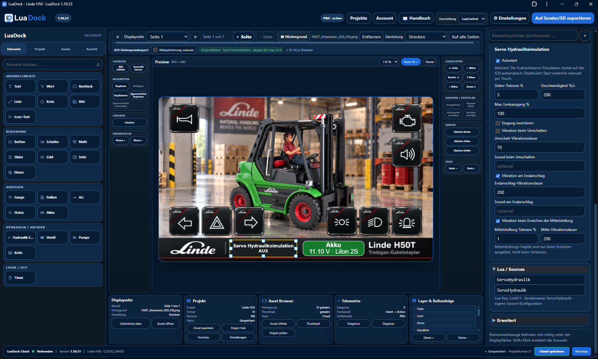 Echter LuaDock Designer-Screenshot der Servo-Simulation im Linde H50 Projekt